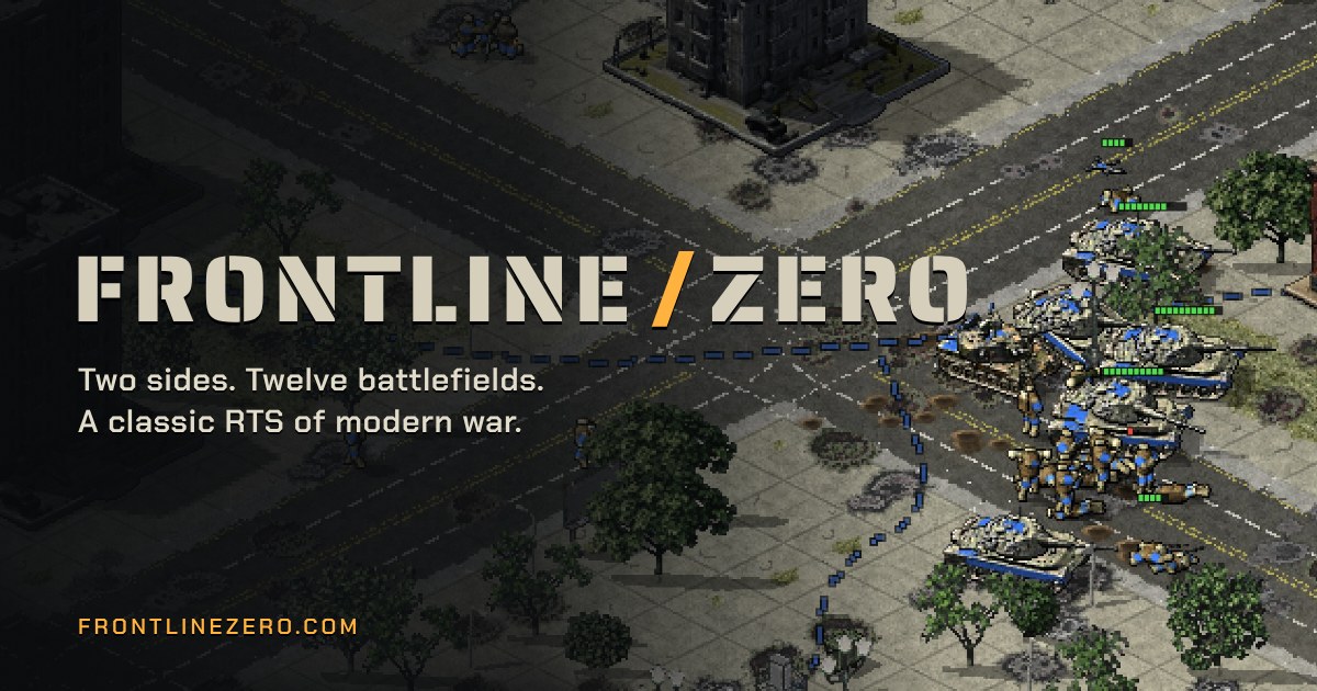 Frontline Zero in play: a column of tanks and infantry at a city crossroads